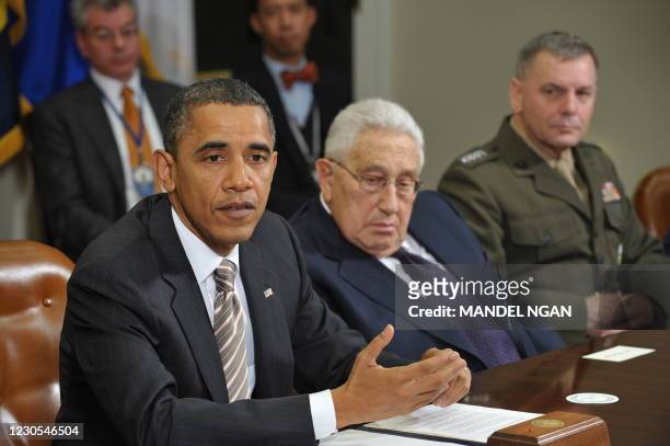 President Barack Obama speaks during a meeting on the new START Treaty November 18, 2010 in the Roosevelt Room of the White House in Washington, DC....