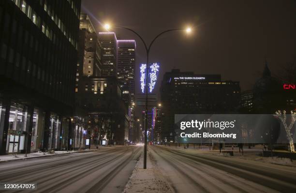 Rene Levesque Boulevard during curfew hours in downtown Montreal, Quebec, Canada, on Monday, Jan. 11, 2021. Quebec has implemented a curfew, Canadas...