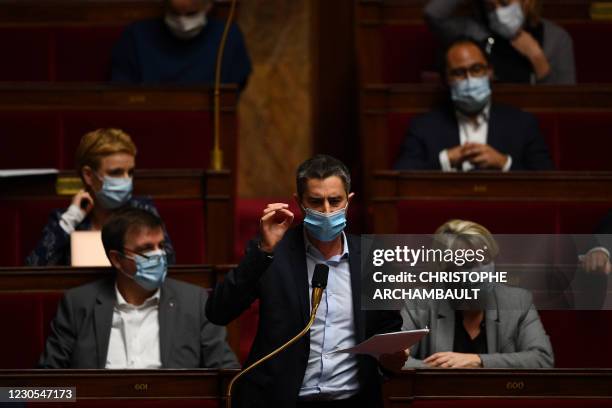 Of La France Insoumise left-wing opposition party Francois Ruffin speaks during a session of questions to the government at the National Assembly in...