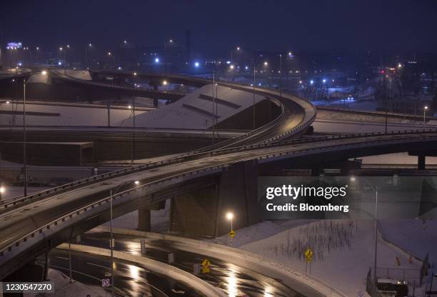 The Turcot Interchange, a three-level freeway linking highways 15 and 720, is empty during curfew hours in Montreal, Quebec, Canada, on Monday, Jan....