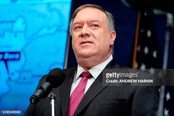Secretary of State Mike Pompeo speaks at the National Press Club in Washington,DC on January 12, 2021. - US Secretary of State Mike Pompeo alleged...
