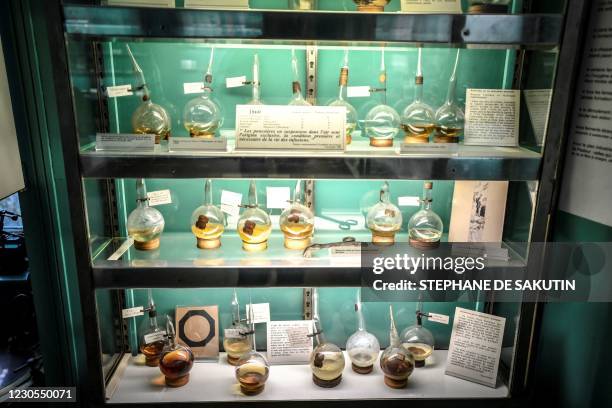 Picture taken on December 22, 2020 shows medical devices displayed in "la salle des souvenirs scientifiques" of the French scientist Louis Pasteur at...