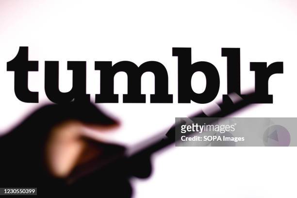 In this photo illustration the Tumblr logo seen in the background of a silhouette hand holding a mobile phone.