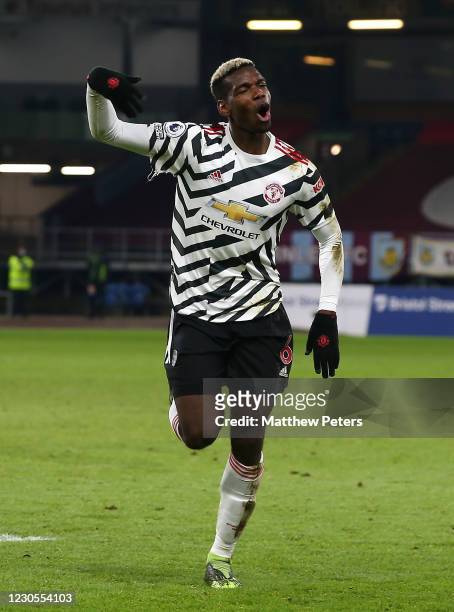 Paul Pogba of Manchester United celebrates scoring a goal to make the score 0-1 during the Premier League match between Burnley and Manchester United...