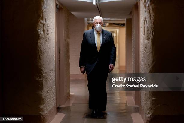 House Majority Leader Steny Hoyer wears a protective mask while walking through the U.S. Capitol on January 12, 2021 in Washington, DC. Today the...