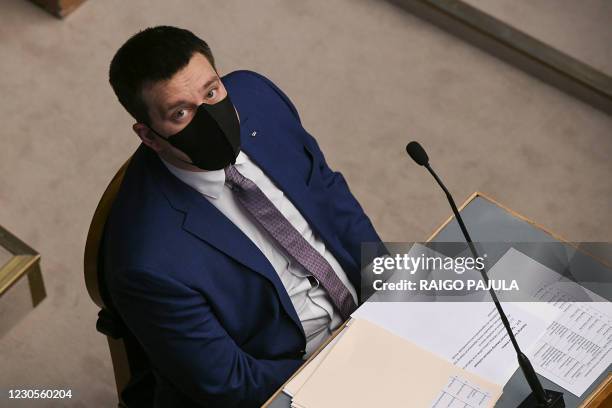 Former Estonian prime minister Juri Ratas attends a session at the parliament in Tallinn after resigning, on January 13, 2021. - Ratas resigned but,...