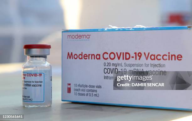 This picture shows a dose of the Moderna Covid-19 vaccine, in a Red Cross medical tent in Petrinja, some 50 kilometres from Zagreb, on January 13...