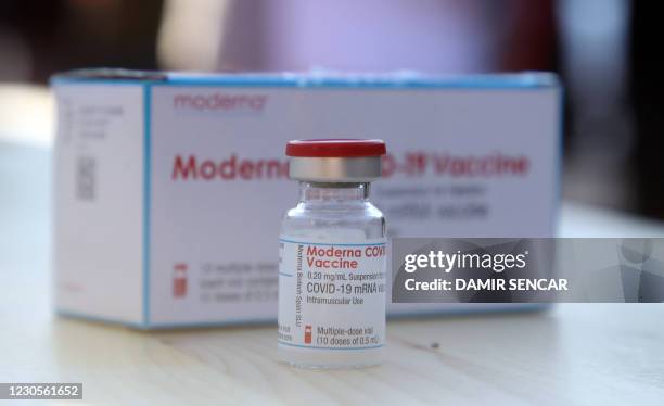 This picture shows a dose of the Moderna Covid-19 vaccine, in a Red Cross medical tent in Petrinja, some 50 kilometres from Zagreb, on January 13...