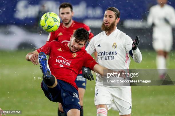 David Garcia of CA Osasuna, Sergio Ramos of Real Madrid during the La Liga Santander match between Osasuna v Real Madrid at the Estadio El Sadar on...