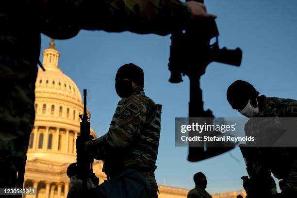 Weapons are distributed to members of the National Guard outside the U.S. Capitol on January 13, 2021 in Washington, DC. Security has been increased...