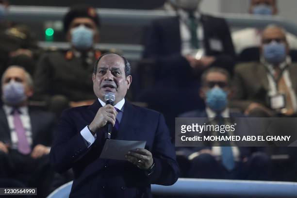 Egyptian president Abdel Fattah al-Sisi delivers a speech in grandstand before the opening match of the 2021 World Men's Handball Championship...