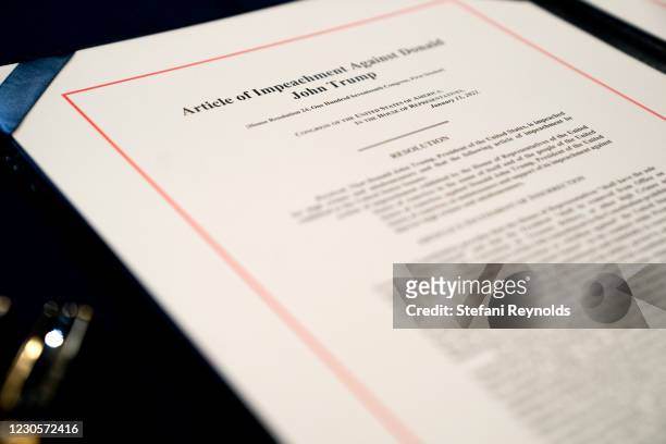 An article of impeachment for incitement of insurrection against President Donald Trump sits on a table at the U.S. Capitol on January 13, 2021 in...