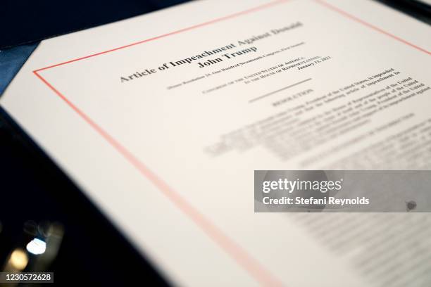 An article of impeachment for incitement of insurrection against President Donald Trump sits on a table at the U.S. Capitol on January 13, 2021 in...