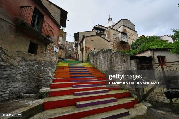 General view shows view steps and a street of the old center in the town of Cinquefrondi in Calabria region in south Italy, on July 6, 2020. -...