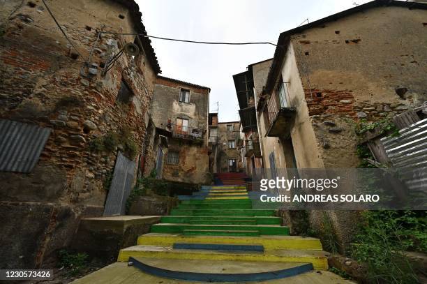 General view shows view steps and a street of the old center in the town of Cinquefrondi in Calabria region in south Italy, on July 6, 2020. -...