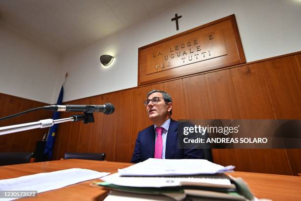 Judge Roberto Di Bella speaks during an interview in the courtroom of the Juvenile Court, in Reggio Calabria, Calabria, Italy, July 7, 2020. -...