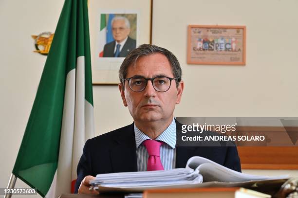 Italian judge Roberto Di Bella looks on during an interview at his office in the Juvenile Court in Reggio Calabria, Calabria, southern Italy, on July...