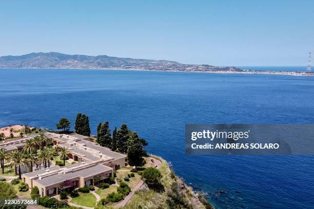 General aerial view shows the Sicilian coast towards Cape Torre Faro, over the Strait of Messina, taken from the outskirts of the town of Scilla, in...