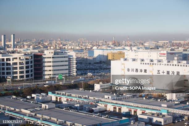 Tokyo covered with a thick layer of smog seen from Kawasaki industrial zone. The kawasaki industrial zone grew rapidly under the Japanese economic...