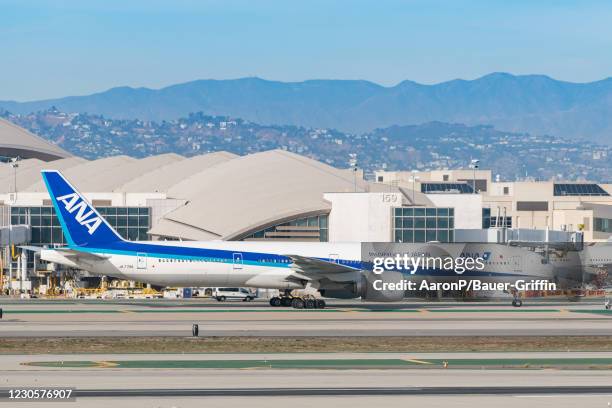 All Nippon Airways Boeing 777-381ER arrives at Los Angeles international Airport on January 13, 2021 in Los Angeles, California.