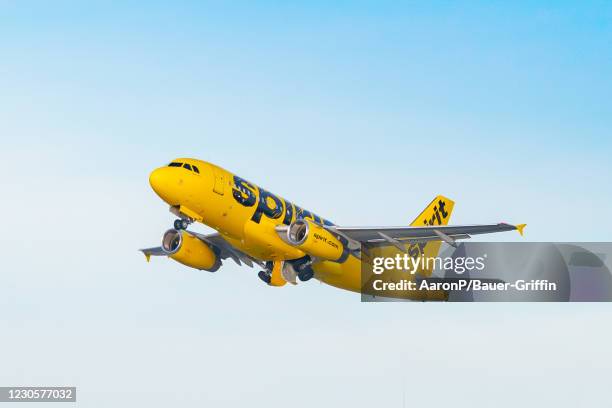 Spirit Airlines Airbus A319-132 takes off from Los Angeles international Airport on January 13, 2021 in Los Angeles, California.