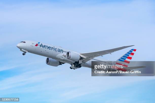 American Airlines Boeing 787-9 takes off from Los Angeles international Airport on January 13, 2021 in Los Angeles, California.