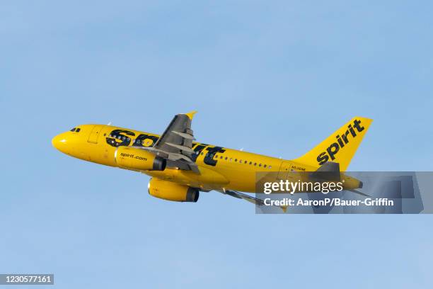 Spirit Airlines Airbus A319-132 takes off from Los Angeles international Airport on January 13, 2021 in Los Angeles, California.