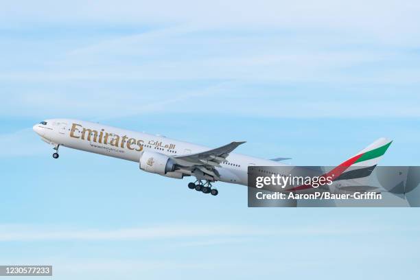 Emirates airline Boeing 777-31H takes off from Los Angeles international Airport on January 13, 2021 in Los Angeles, California.