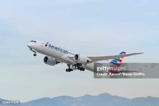 American Airlines Boeing 787-9 takes off from Los Angeles international Airport on January 13, 2021 in Los Angeles, California.