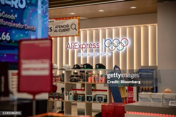 The AliExpress logo on display inside the AliExpress plaza retail store, operated by Alibaba Group Holding Ltd., in Barcelona, Spain, on Wednesday,...
