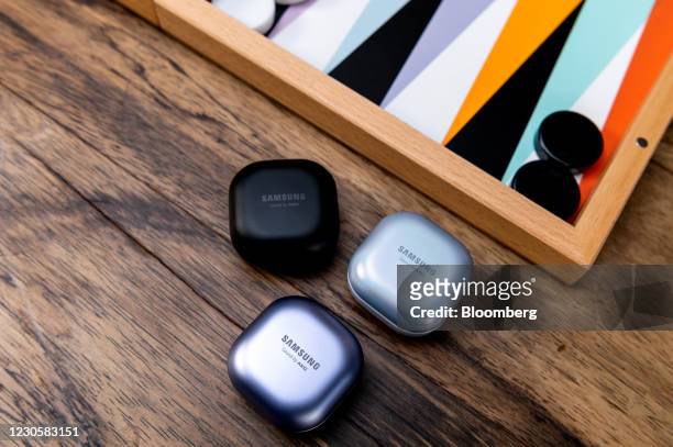 Samsung Galaxy Buds Pro earbuds at the Samsung Unpacked product launch event in New York, U.S., on Wednesday, Jan. 13, 2021. Samsung Electronics Co....