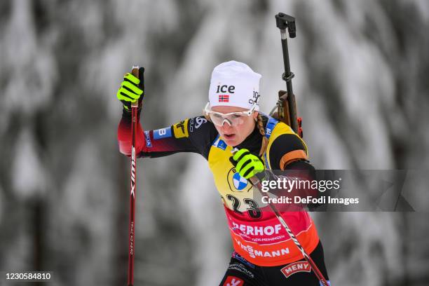 Marte Olsbu Roeiseland of Norway in action competes during the Women 7.5 km Sprint Competition at the BMW IBU World Cup Biathlon Oberhof on January...