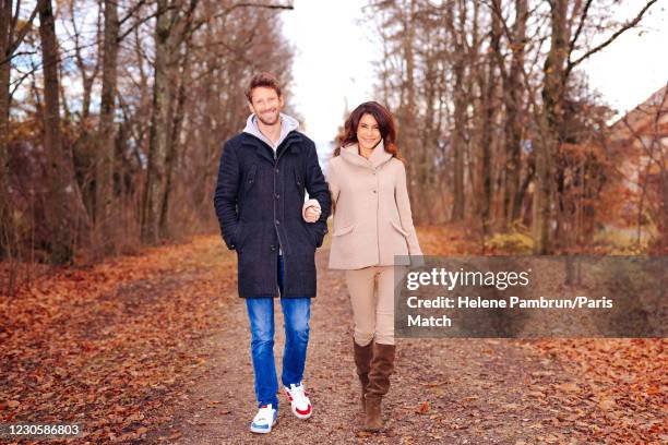 Racing driver Romain Grosjean is photographed with his wife and journalist Marion Jolles for Paris Match on December 14, 2020 in Founex, Switzerland.