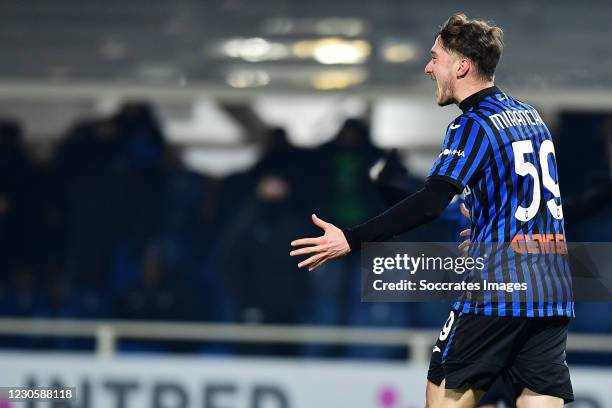 Aleksei Miranchuk of Atalanta Bergamo celebrates 1-0 during the Italian Coppa Italia match between Atalanta Bergamo v Cagliari Calcio at the Stadio...