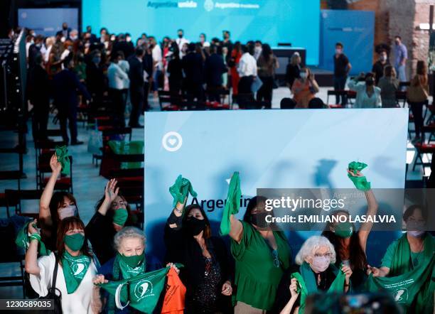 Women celebrate after Argentina's President Alberto Fernandez promulgated the abortion law known as Voluntary Interruption of Pregnancy Law , in...