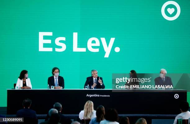 Argentina's President Alberto Fernandez , accompanied by the Legal and Technical Secretary of the Presidency, Vilma Ibarra , Cabinet Chief Santiago...