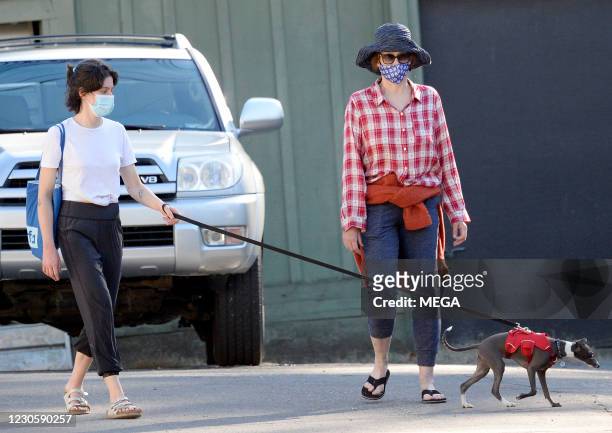 Sigourney Weaver is seen walking her dog with Charlotte Simpson on January 14, 2021 in Los Angeles, California.