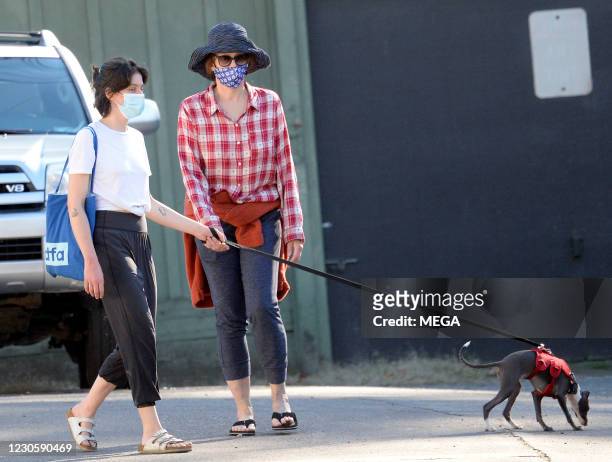 Sigourney Weaver is seen walking her dog with Charlotte Simpson on January 14, 2021 in Los Angeles, California.