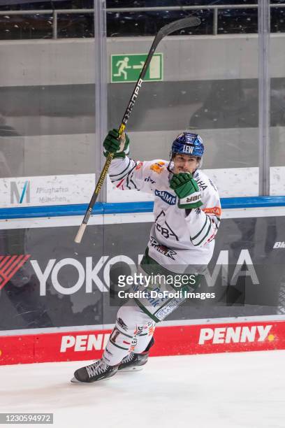 Adam Payerl of Augsburger Panther celebrates his 0:1 goal during the DEL match between EHC Red Bull Muenchen and Augsburger Panther on January 12,...