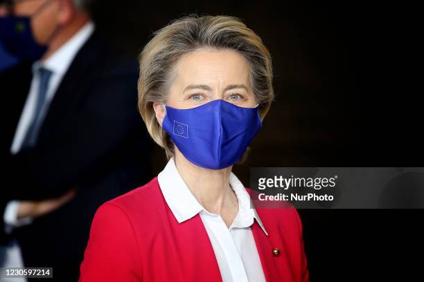 European Commission President Ursula Von Der Leyen looks on during a visit of the European College of Commissioners for a round of meetings under the...