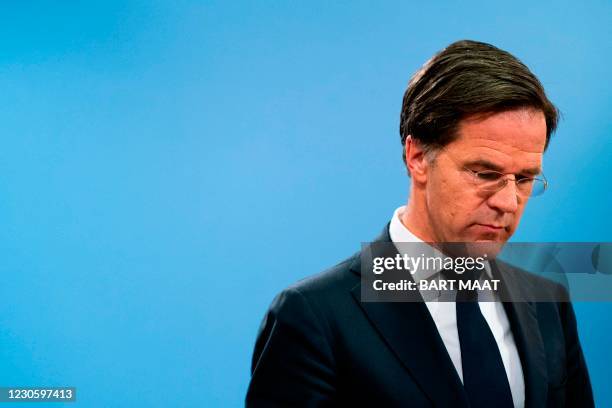 Dutch Prime Minister Mark Rutte speaks during a press conference in The Hague on January 15 after the resignation of the cabinet due to the childcare...