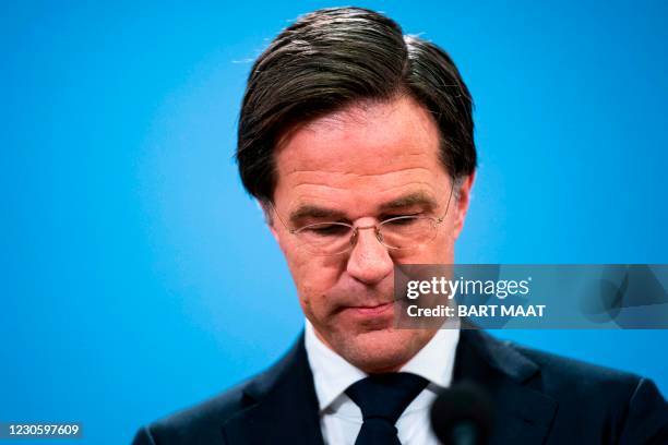 Dutch resigning Prime Minister Mark Rutte gives a press conference in The Hague, on January 15 after the resignation of the cabinet due to the...