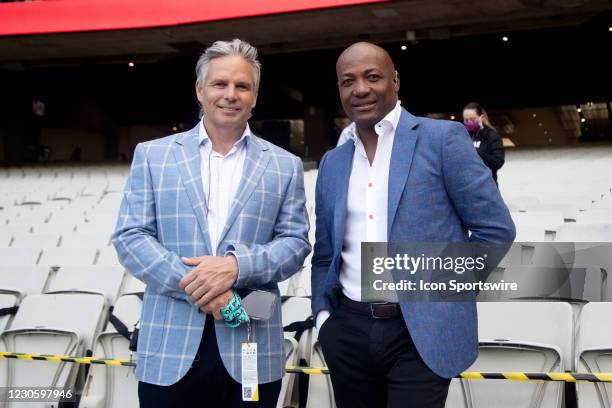 Big Bash Commentary Team Brad Hodge and Brian Lara Pose for a photo during the Big Bash League cricket match between Melbourne Stars and Adelaide...