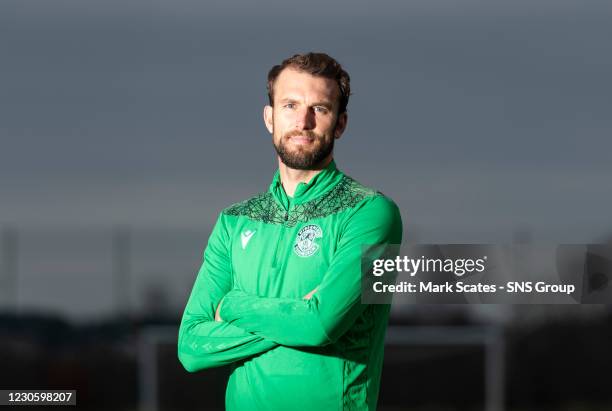 Christian Doidge during a Hibernian press conference at the Hibernian Training Centre on January 15 in Edinburgh, Scotland.