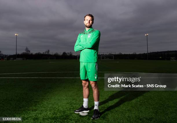 Christian Doidge during a Hibernian press conference at the Hibernian Training Centre on January 15 in Edinburgh, Scotland.