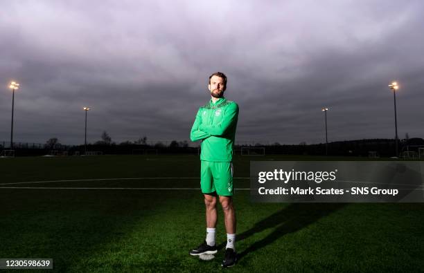 Christian Doidge during a Hibernian press conference at the Hibernian Training Centre on January 15 in Edinburgh, Scotland.