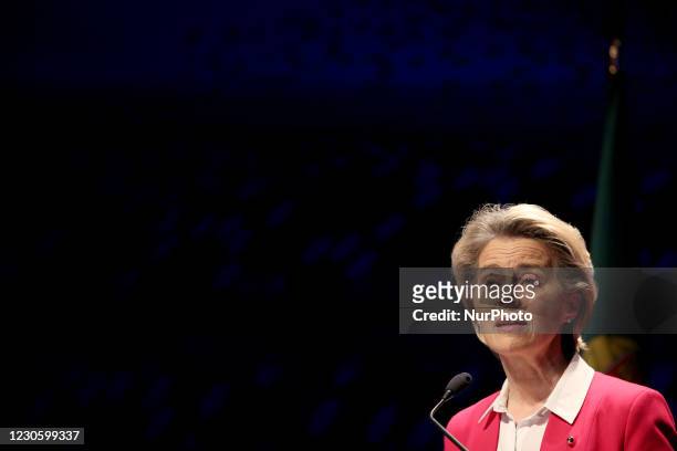 European Commission President Ursula Von Der Leyen and Portuguese Prime Minister Antonio Costa hold a joint press conference during a visit of the...