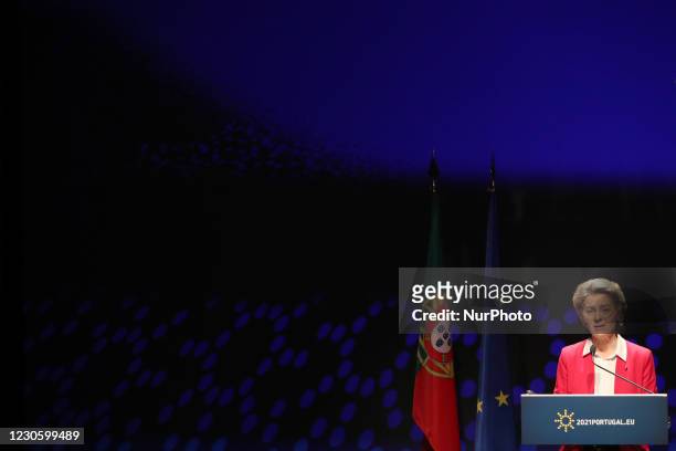 European Commission President Ursula Von Der Leyen and Portuguese Prime Minister Antonio Costa hold a joint press conference during a visit of the...
