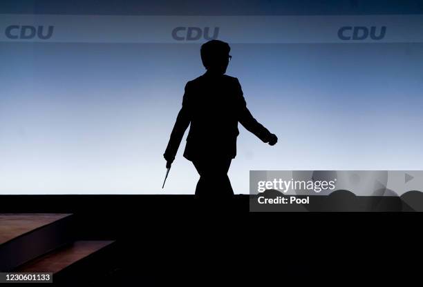 Christian Democratic Union party leader Annegret Kramp-Karrenbauer arrives for her speech during CDU party virtual party congress on January 15, 2021...