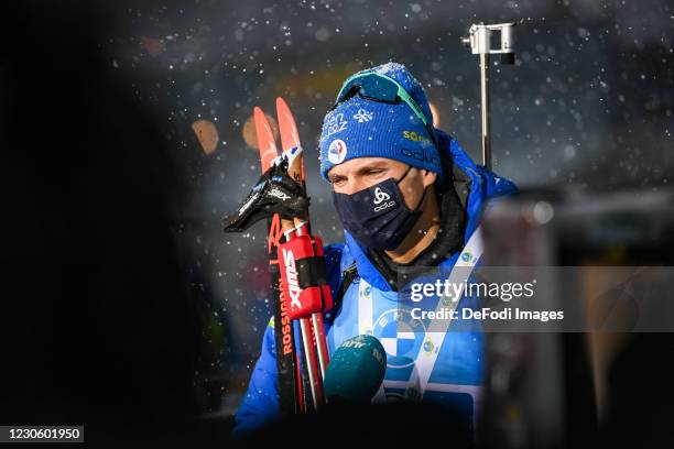 Emilien Jacquelin of France after the competition during the Men 4x7.5 km Relay Competition at the BMW IBU World Cup Biathlon Oberhof at on January...
